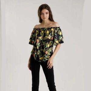 Hale Bob Women's Black Lemon Fruit Print Off Shoulder Silk Blend Shirt Size XS.
